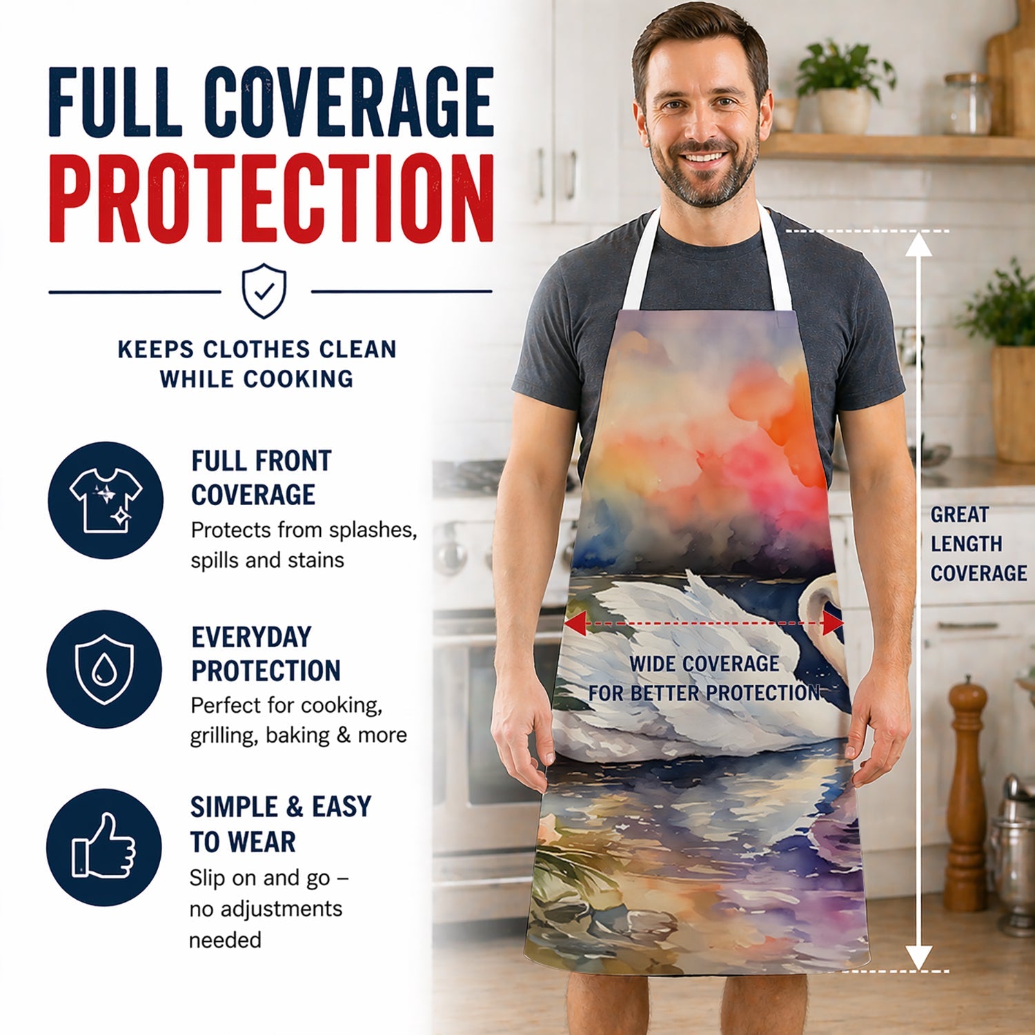 White Swan with Flowers Peaceful Watercolor Apron Cooking Kitchen Server Baking Crafts Gardening for Adult Women Men, Unisex, Large, Multicolor