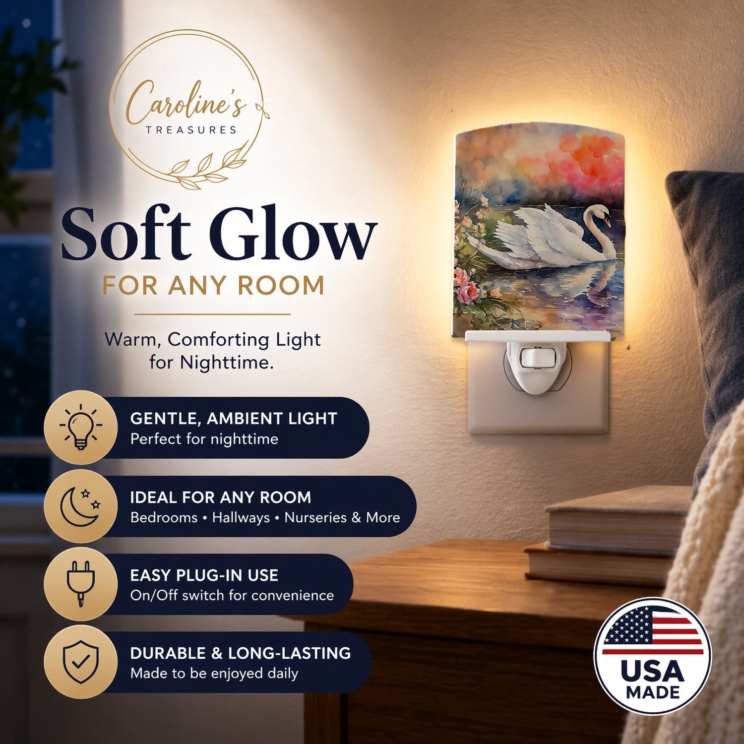 White Swan with Flowers Peaceful Watercolor Ceramic Night Light Compact, UL-Certified, Ideal for Bedroom, Bathroom, Nursery, Hallway, Kitchen, 6x4x3, Multicolor