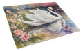 White Swan with Flowers Peaceful Watercolor Cutting Board Tempered Glass Kitchen Cutting Surface, Heat Resistant Chopping, Non-Slip Feet, Food Prep & Serving