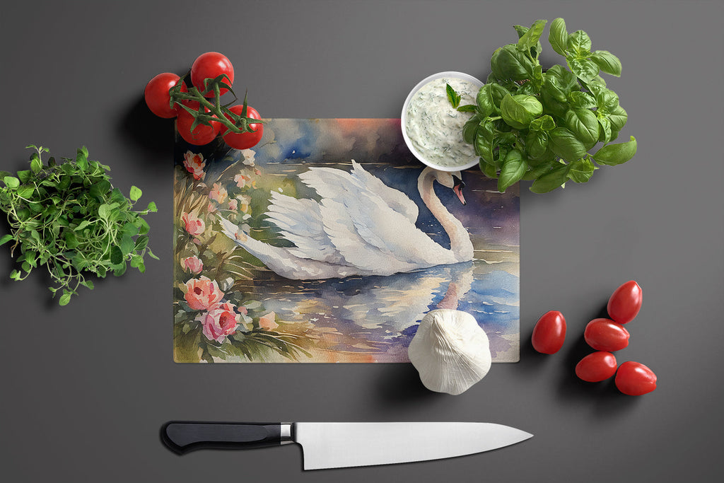 White Swan with Flowers Peaceful Watercolor Cutting Board Tempered Glass Kitchen Cutting Surface, Heat Resistant Chopping, Non-Slip Feet, Food Prep & Serving
