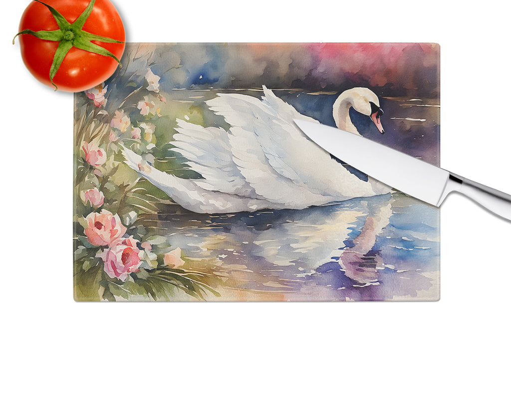 White Swan with Flowers Peaceful Watercolor Cutting Board Tempered Glass Kitchen Cutting Surface, Heat Resistant Chopping, Non-Slip Feet, Food Prep & Serving