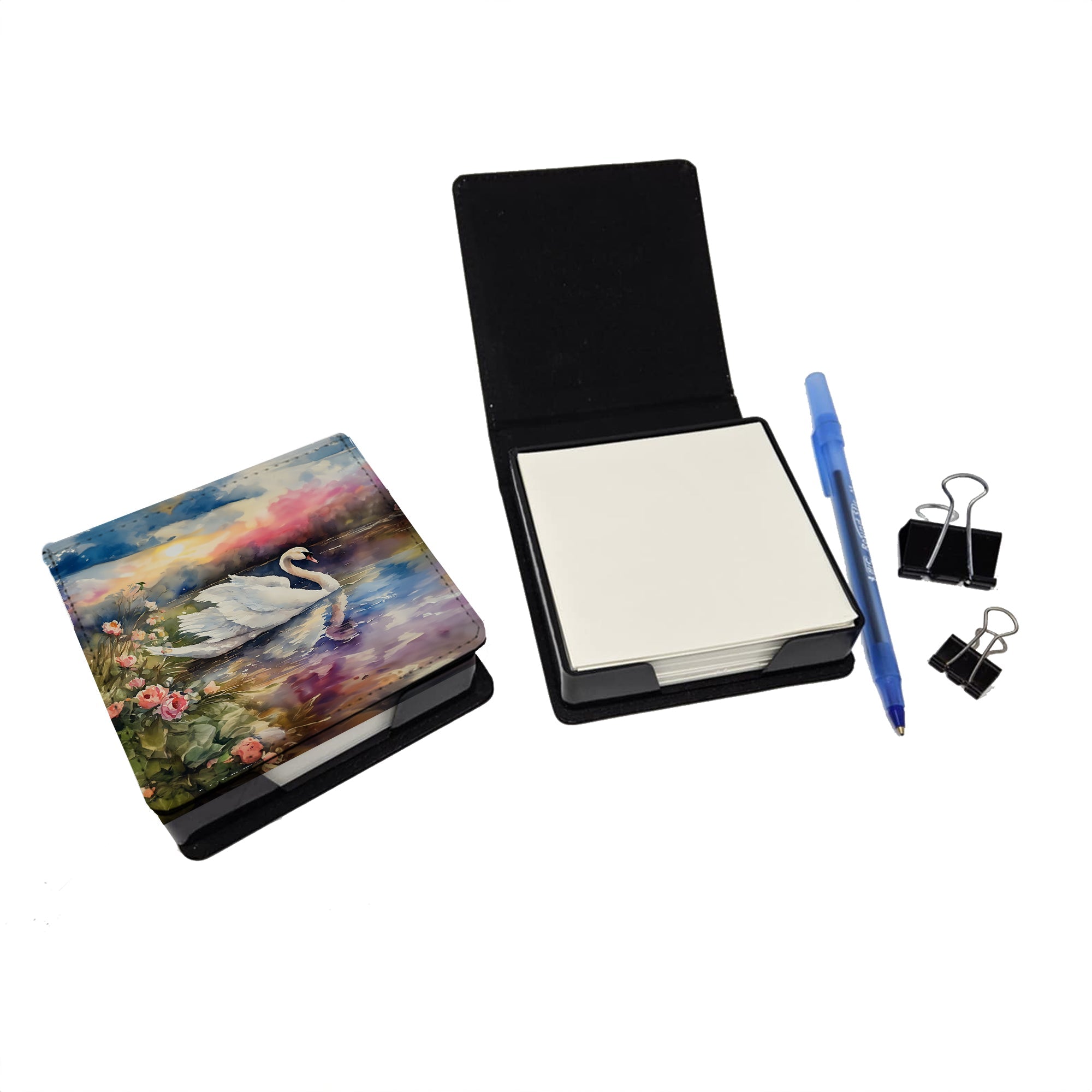 White Swan with Flowers Peaceful Watercolor PU Leather Note Paper Holder with Artist-Designed Cover, Desk Accessory, Office Gift