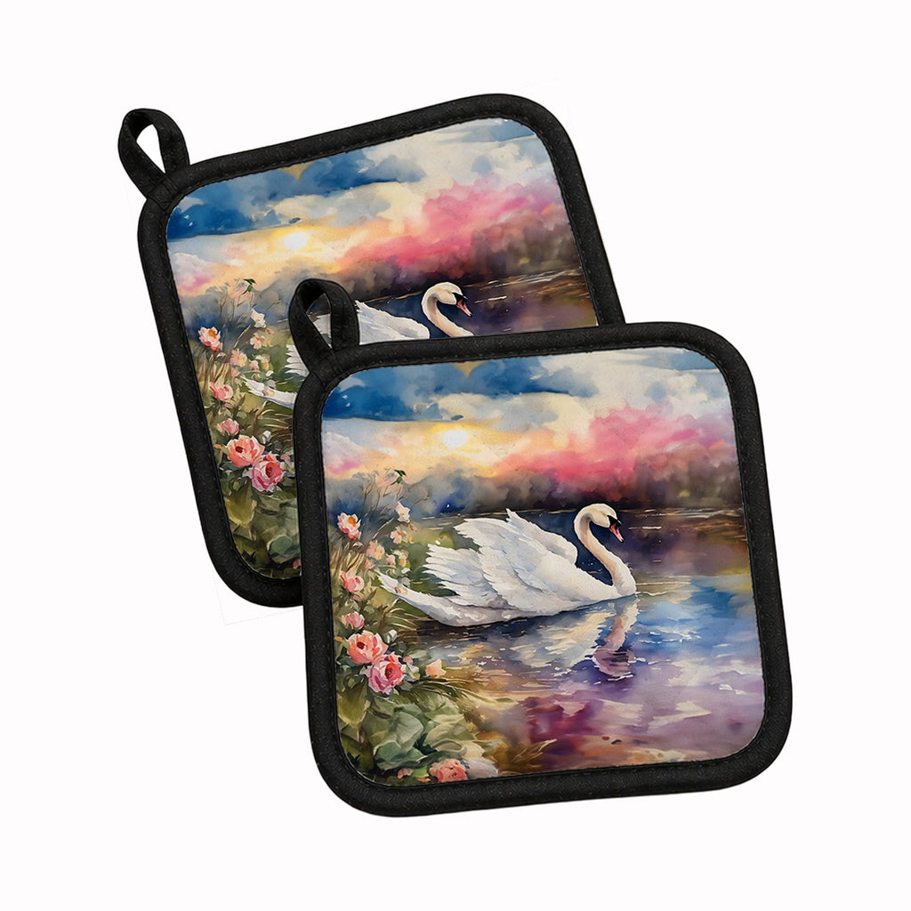 White Swan with Flowers Peaceful Watercolor Pot Holder Set of 2 Heat Resistant Quilted Hot Pads 7.5 x 7.5 Inch, Insulated Kitchen Trivets for Cooking & Baking