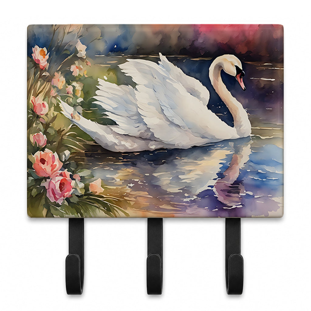 White Swan with Flowers Peaceful Watercolor Leash or Key Holder Wall Hooks, Coat Rack Wall Mount, for Hanging Keys, Towels, Aprons, Leashes