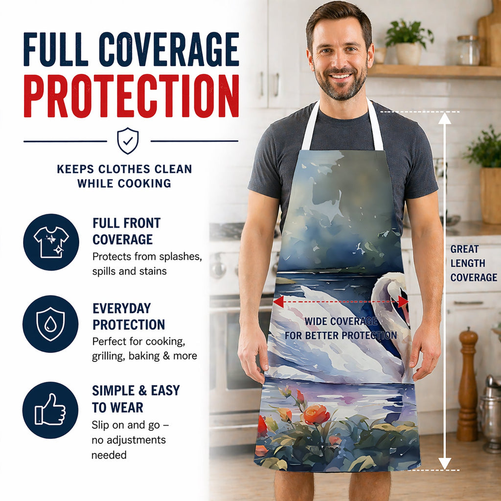 White Swan Lake with Flowers Watercolor Apron Cooking Kitchen Server Baking Crafts Gardening for Adult Women Men, Unisex, Large, Multicolor
