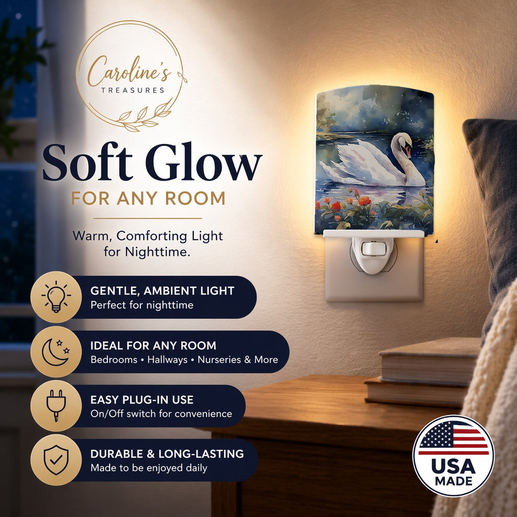 White Swan Lake with Flowers Watercolor Ceramic Night Light Compact, UL-Certified, Ideal for Bedroom, Bathroom, Nursery, Hallway, Kitchen, 6x4x3, Multicolor