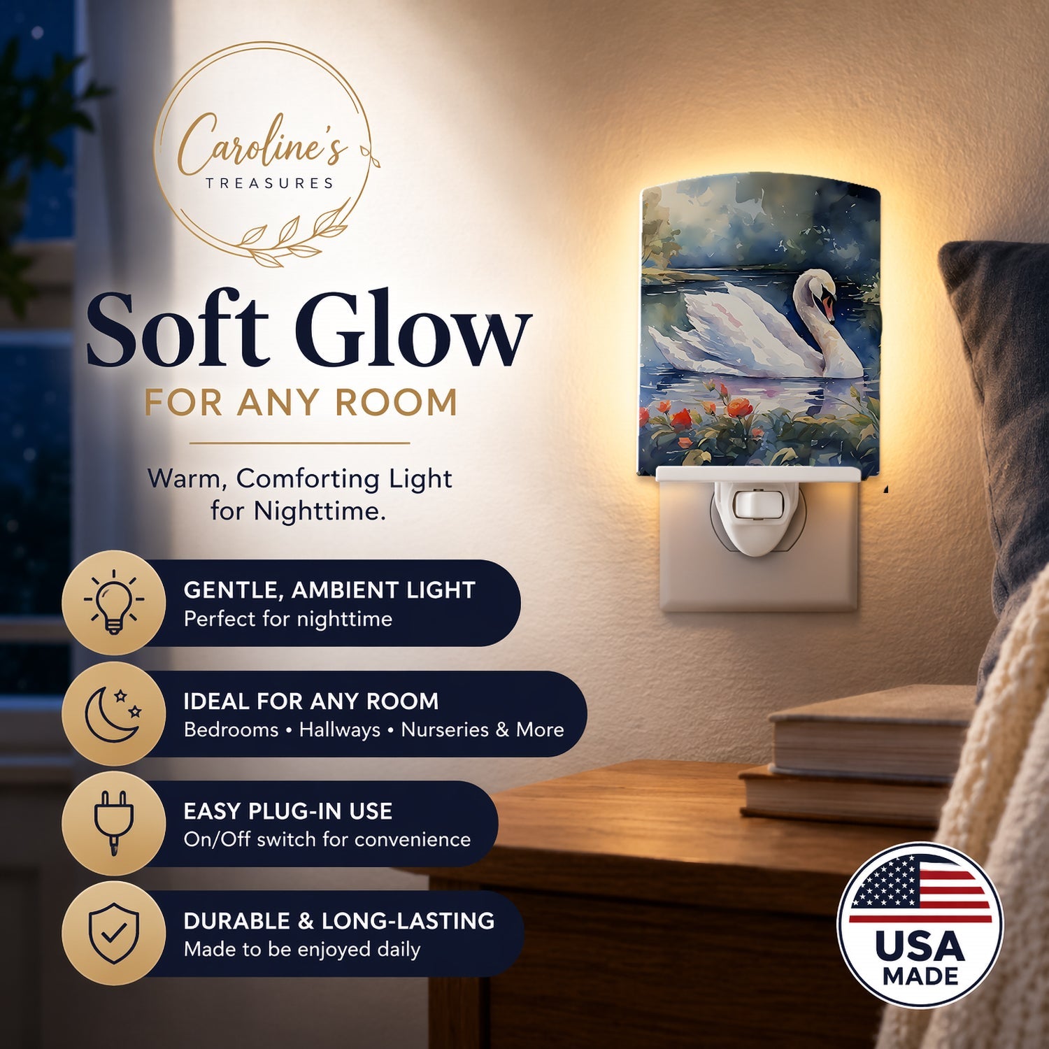 White Swan Lake with Flowers Watercolor Ceramic Night Light Compact, UL-Certified, Ideal for Bedroom, Bathroom, Nursery, Hallway, Kitchen, 6x4x3, Multicolor