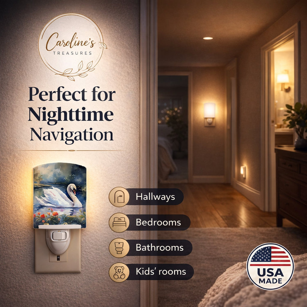 White Swan Lake with Flowers Watercolor Ceramic Night Light Compact, UL-Certified, Ideal for Bedroom, Bathroom, Nursery, Hallway, Kitchen, 6x4x3, Multicolor