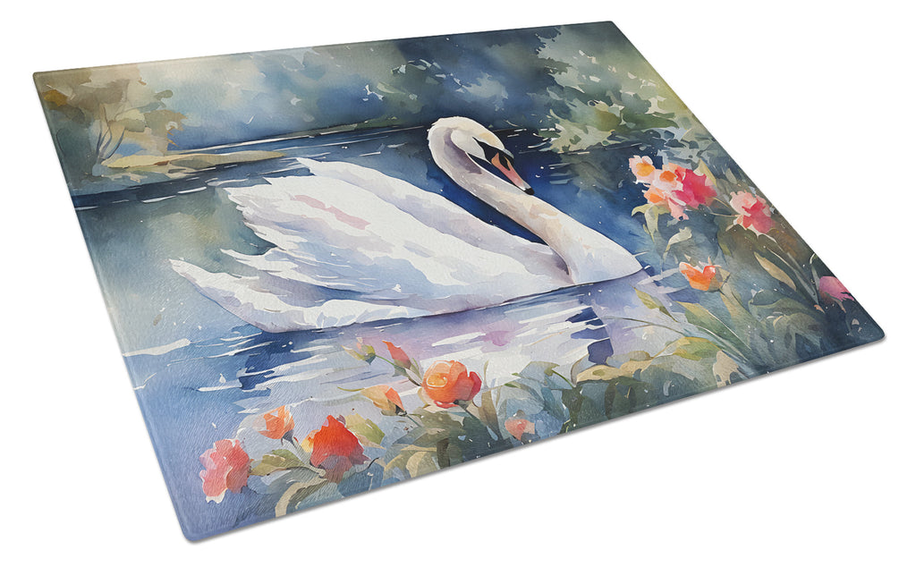 White Swan Lake with Flowers Watercolor Cutting Board Tempered Glass Kitchen Cutting Surface, Heat Resistant Chopping, Non-Slip Feet, Food Prep & Serving