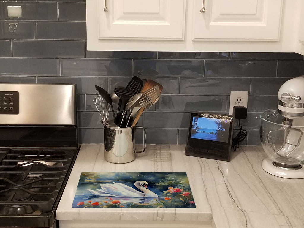 White Swan Lake with Flowers Watercolor Cutting Board Tempered Glass Kitchen Cutting Surface, Heat Resistant Chopping, Non-Slip Feet, Food Prep & Serving