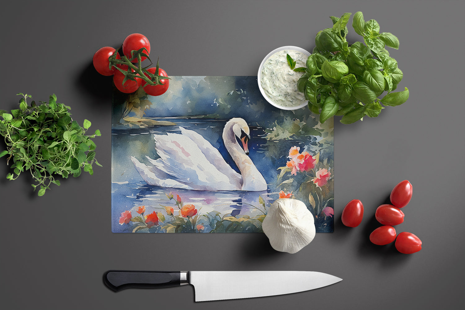 White Swan Lake with Flowers Watercolor Cutting Board Tempered Glass Kitchen Cutting Surface, Heat Resistant Chopping, Non-Slip Feet, Food Prep & Serving