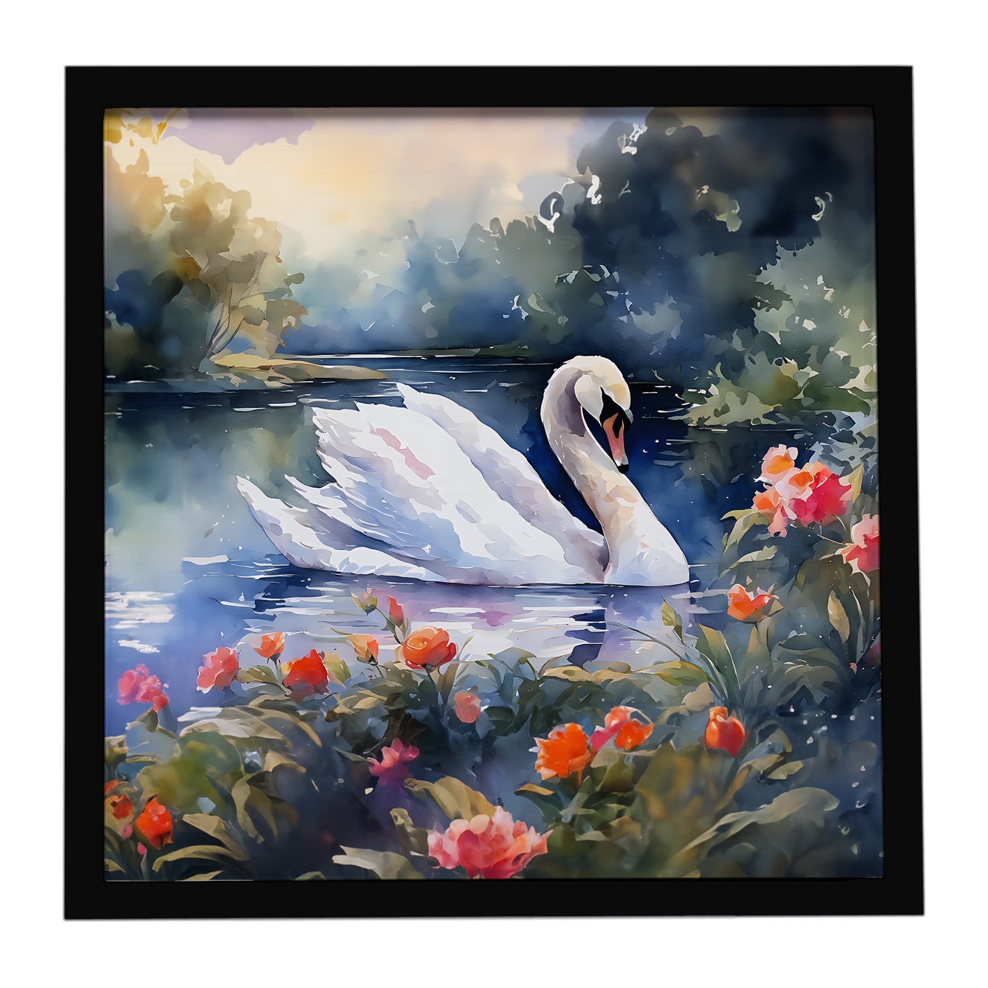 White Swan Lake with Flowers Watercolor Framed Metal Print Bathroom, Kitchen, Office, Home Decor Wall Art Ready to Hang, Square, 8X8