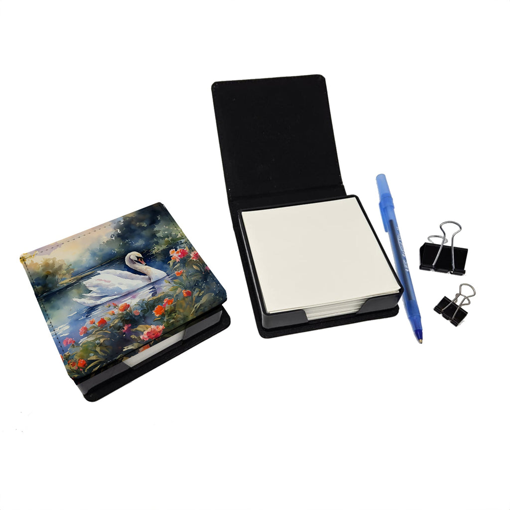 White Swan Lake with Flowers Watercolor PU Leather Note Paper Holder with Artist-Designed Cover, Desk Accessory, Office Gift