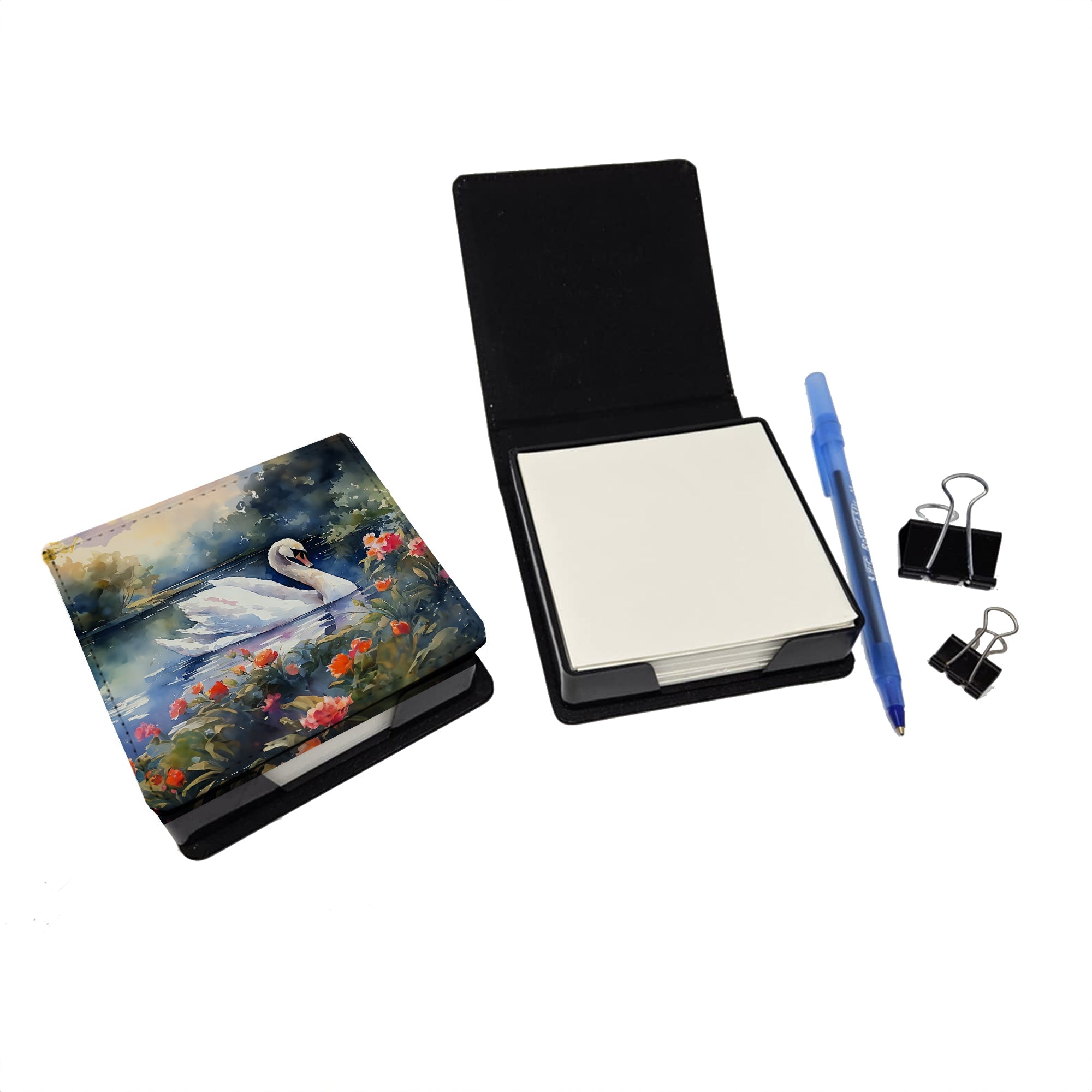 White Swan Lake with Flowers Watercolor PU Leather Note Paper Holder with Artist-Designed Cover, Desk Accessory, Office Gift
