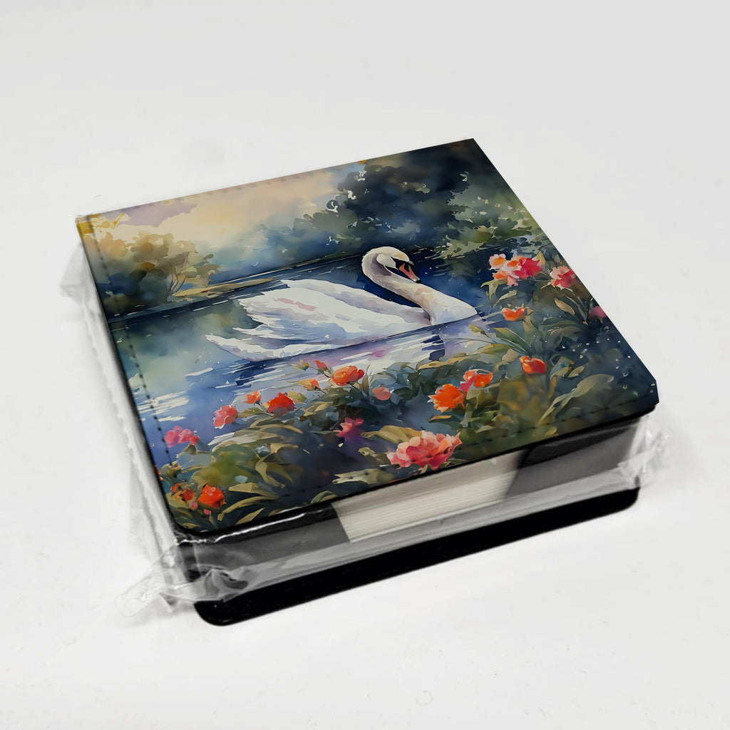 White Swan Lake with Flowers Watercolor PU Leather Note Paper Holder with Artist-Designed Cover, Desk Accessory, Office Gift