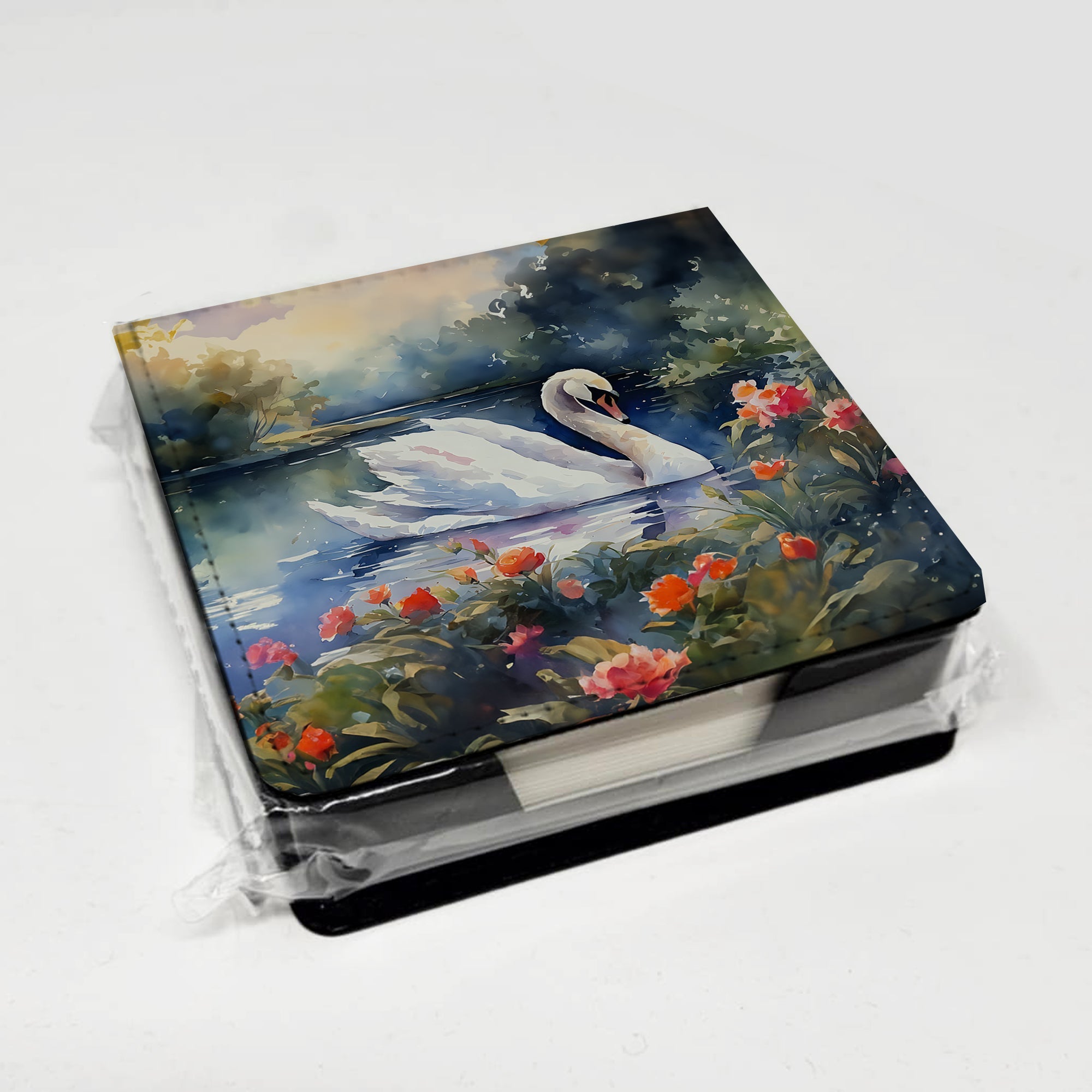 White Swan Lake with Flowers Watercolor PU Leather Note Paper Holder with Artist-Designed Cover, Desk Accessory, Office Gift