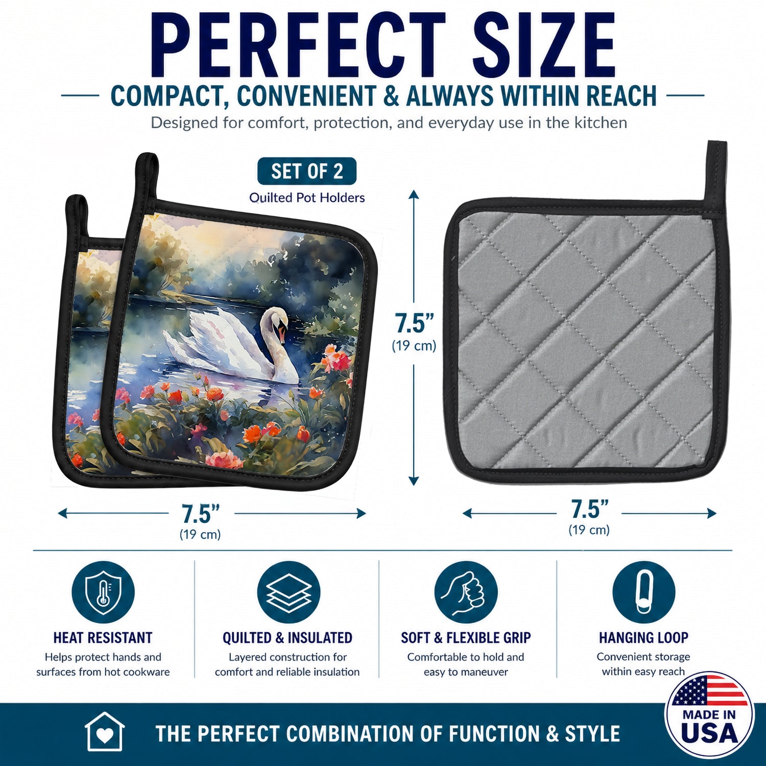 White Swan Lake with Flowers Watercolor Pot Holder Set of 2 Heat Resistant Quilted Hot Pads 7.5 x 7.5 Inch, Insulated Kitchen Trivets for Cooking & Baking