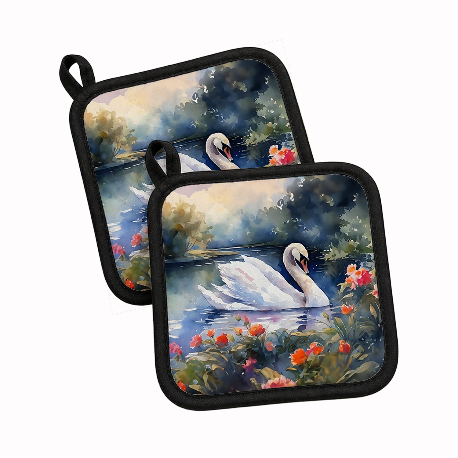 White Swan Lake with Flowers Watercolor Pot Holder Set of 2 Heat Resistant Quilted Hot Pads 7.5 x 7.5 Inch, Insulated Kitchen Trivets for Cooking & Baking