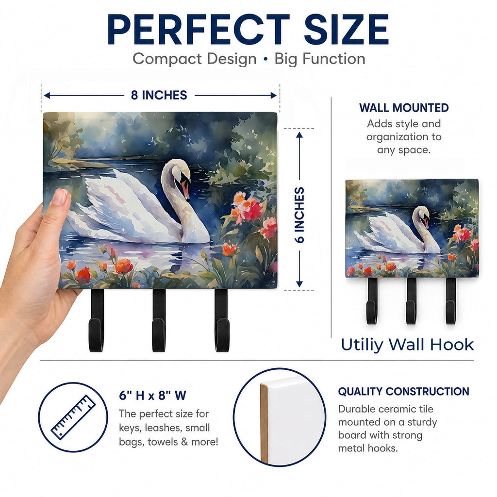 White Swan Lake with Flowers Watercolor Leash or Key Holder Wall Hooks, Coat Rack Wall Mount, for Hanging Keys, Towels, Aprons, Leashes