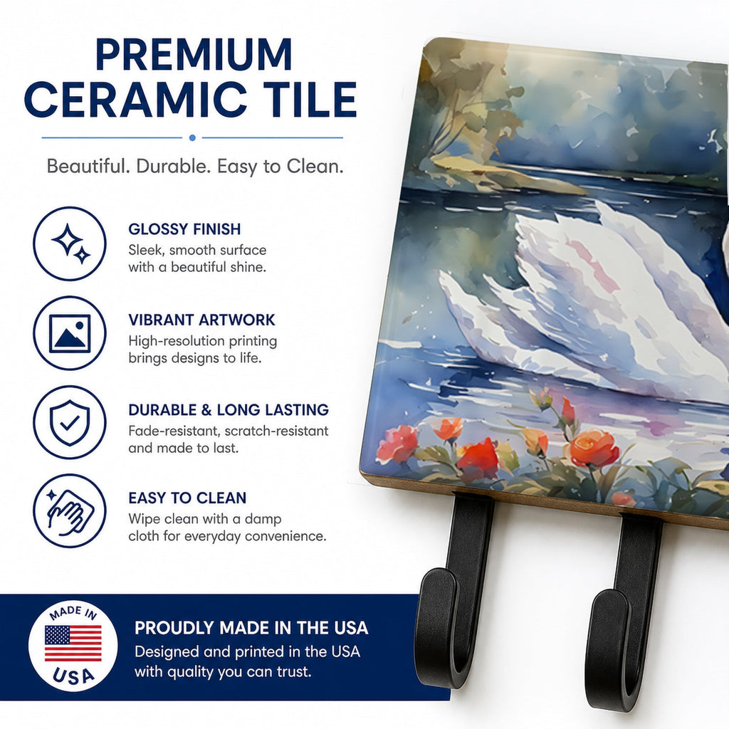 White Swan Lake with Flowers Watercolor Leash or Key Holder Wall Hooks, Coat Rack Wall Mount, for Hanging Keys, Towels, Aprons, Leashes