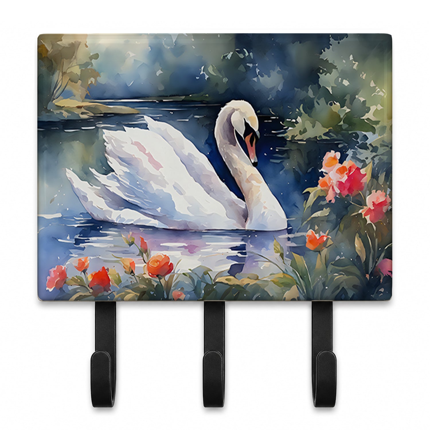 White Swan Lake with Flowers Watercolor Leash or Key Holder Wall Hooks, Coat Rack Wall Mount, for Hanging Keys, Towels, Aprons, Leashes