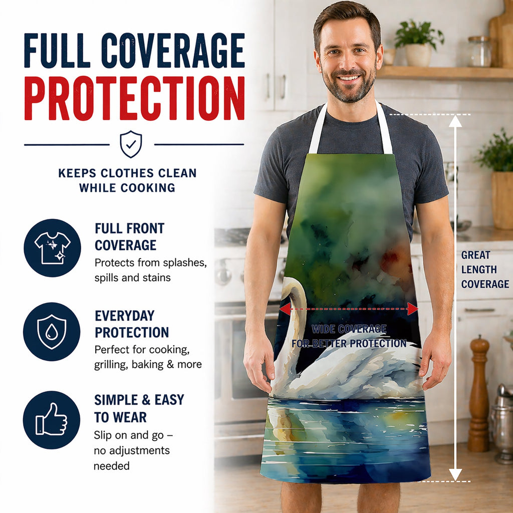 White Swan Swimming Calm Water Watercolor Apron Cooking Kitchen Server Baking Crafts Gardening for Adult Women Men, Unisex, Large, Multicolor