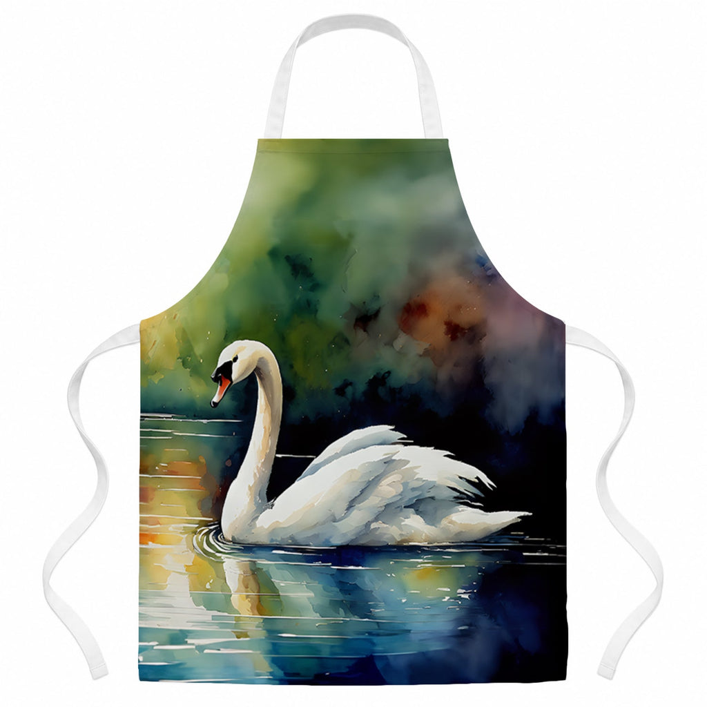 White Swan Swimming Calm Water Watercolor Apron Cooking Kitchen Server Baking Crafts Gardening for Adult Women Men, Unisex, Large, Multicolor