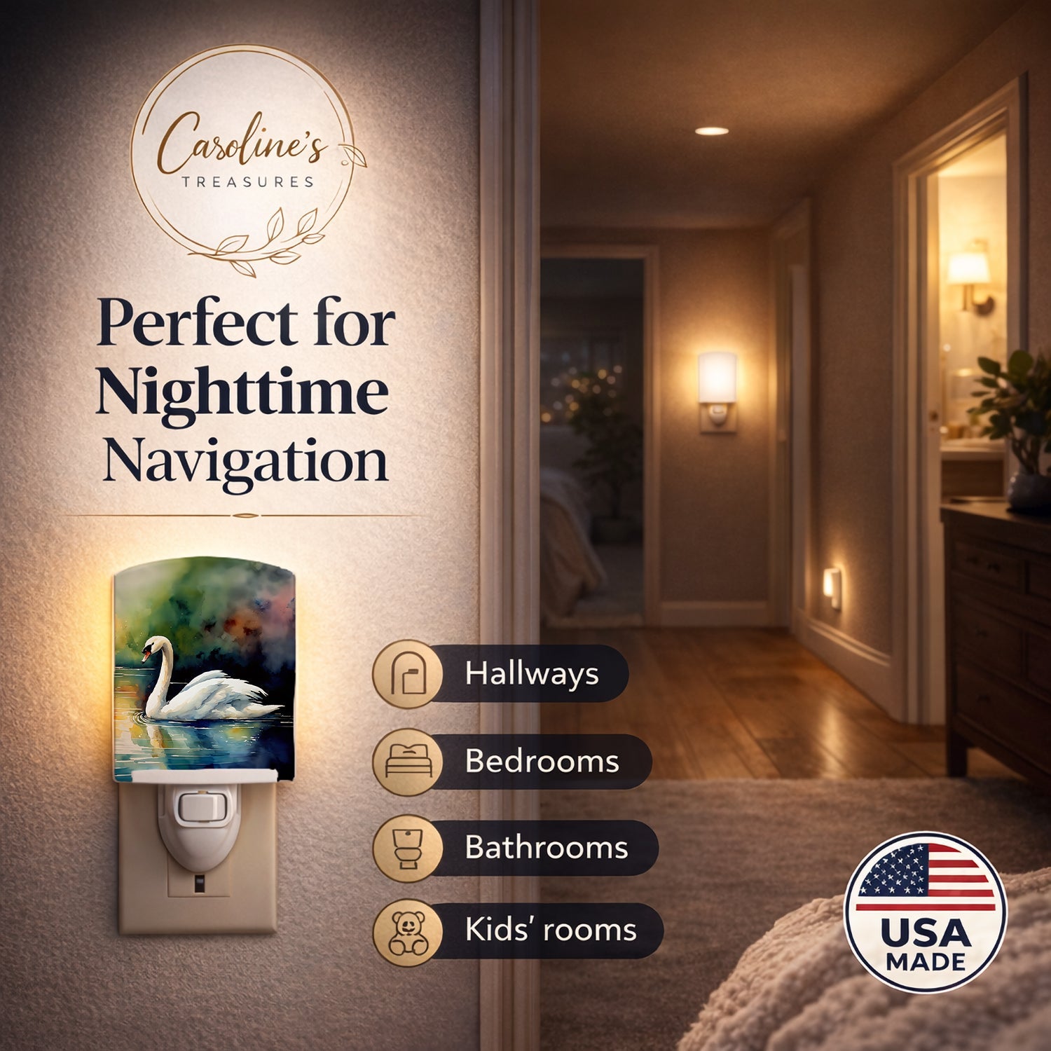 White Swan Swimming Calm Water Watercolor Ceramic Night Light Compact, UL-Certified, Ideal for Bedroom, Bathroom, Nursery, Hallway, Kitchen, 6x4x3, Multicolor