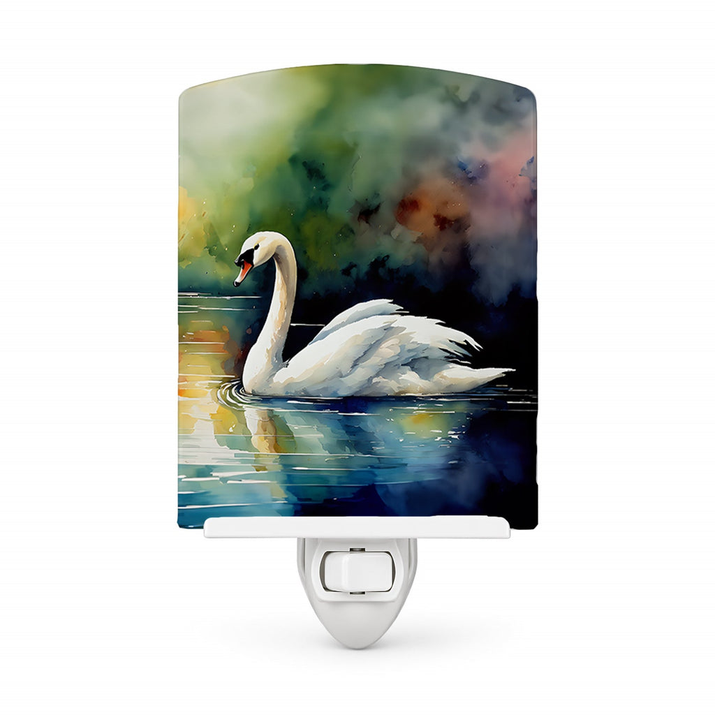 White Swan Swimming Calm Water Watercolor Ceramic Night Light Compact, UL-Certified, Ideal for Bedroom, Bathroom, Nursery, Hallway, Kitchen, 6x4x3, Multicolor