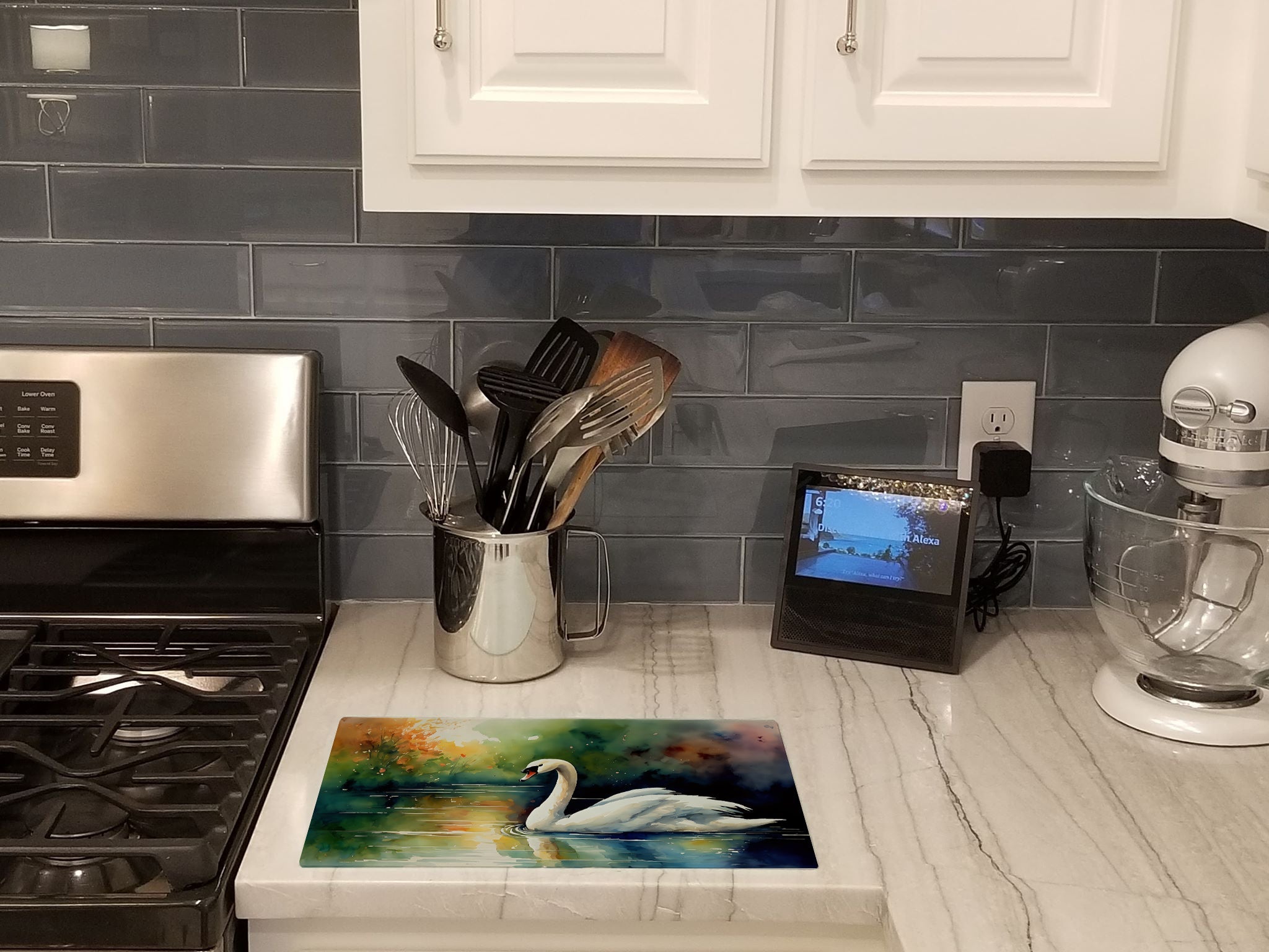White Swan Swimming Calm Water Watercolor Cutting Board Tempered Glass Kitchen Cutting Surface, Heat Resistant Chopping, Non-Slip Feet, Food Prep & Serving