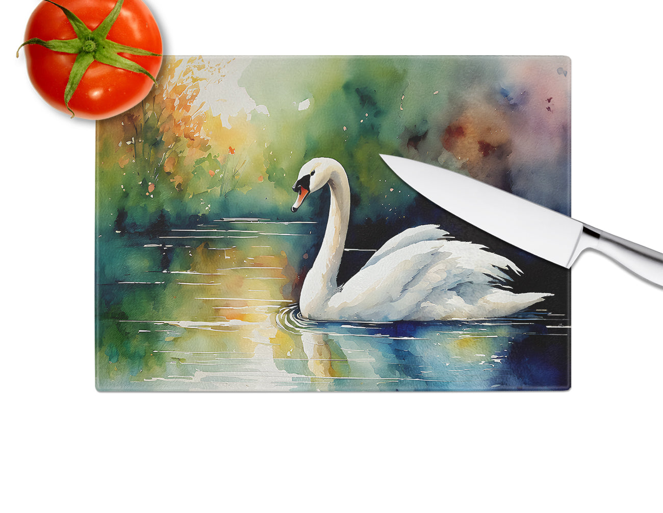 White Swan Swimming Calm Water Watercolor Cutting Board Tempered Glass Kitchen Cutting Surface, Heat Resistant Chopping, Non-Slip Feet, Food Prep & Serving