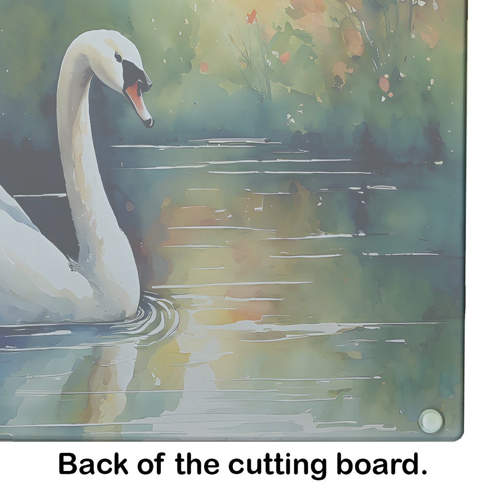 White Swan Swimming Calm Water Watercolor Cutting Board Tempered Glass Kitchen Cutting Surface, Heat Resistant Chopping, Non-Slip Feet, Food Prep & Serving
