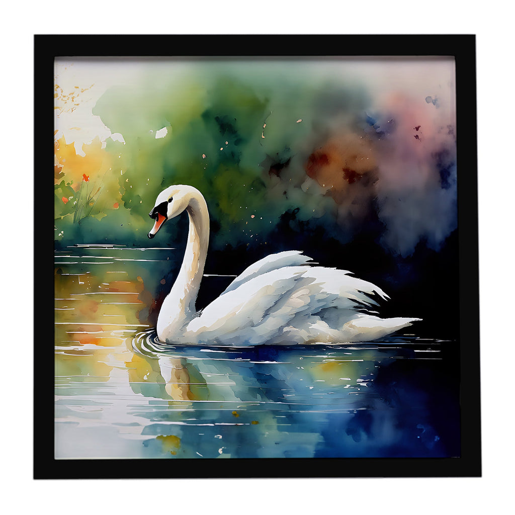 White Swan Swimming Calm Water Watercolor Framed Metal Print Bathroom, Kitchen, Office, Home Decor Wall Art Ready to Hang, Square, 8X8
