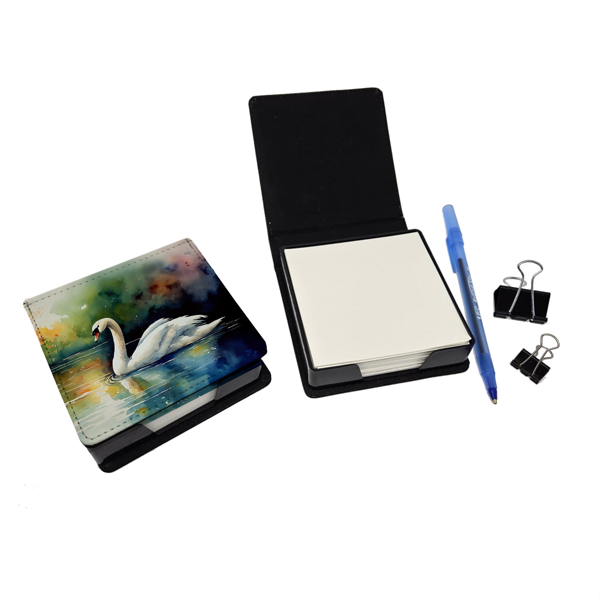 White Swan Swimming Calm Water Watercolor PU Leather Note Paper Holder with Artist-Designed Cover, Desk Accessory, Office Gift