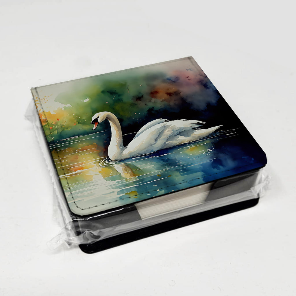 White Swan Swimming Calm Water Watercolor PU Leather Note Paper Holder with Artist-Designed Cover, Desk Accessory, Office Gift