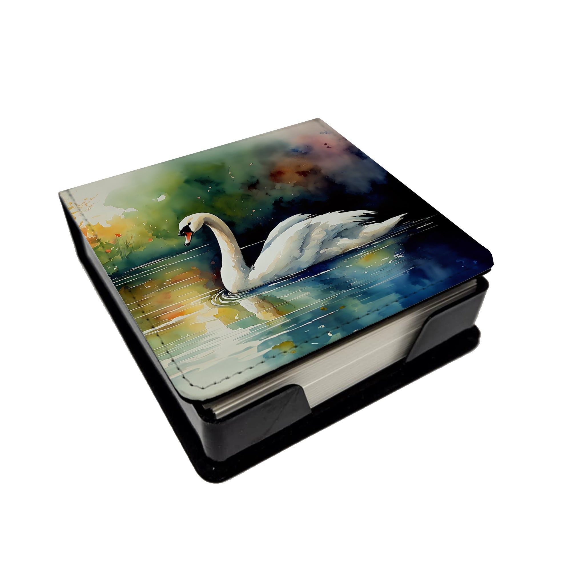 White Swan Swimming Calm Water Watercolor PU Leather Note Paper Holder with Artist-Designed Cover, Desk Accessory, Office Gift