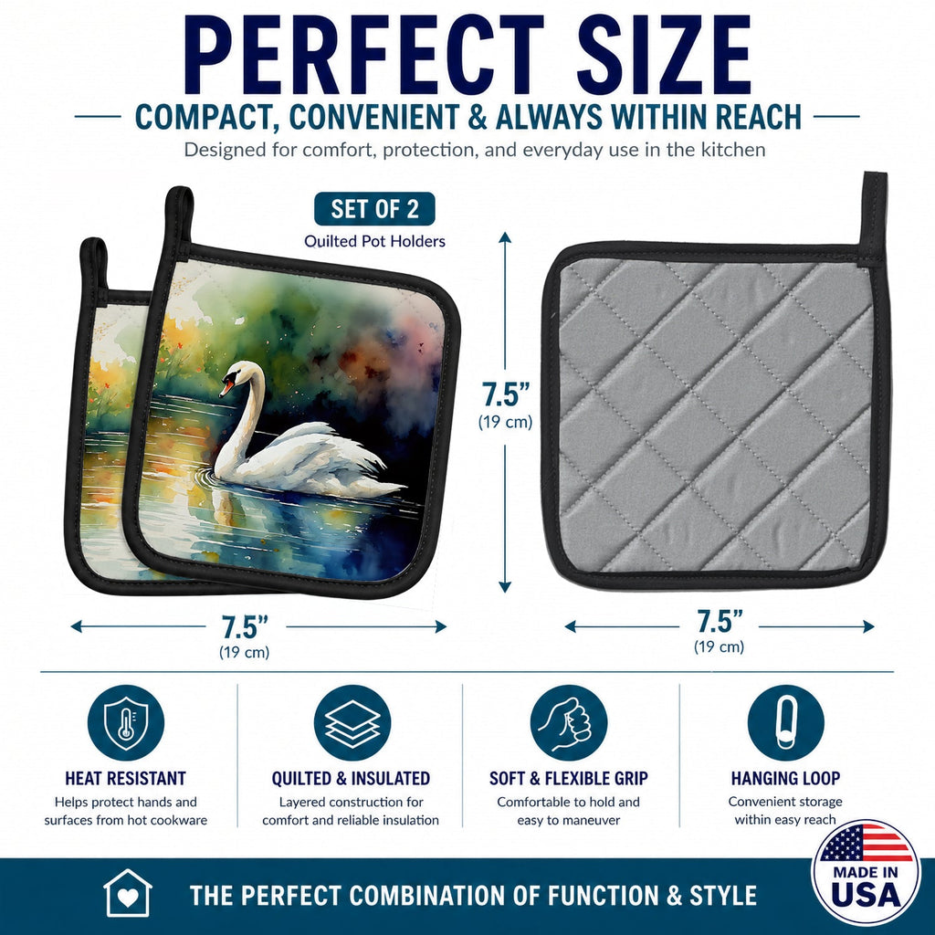 White Swan Swimming Calm Water Watercolor Pot Holder Set of 2 Heat Resistant Quilted Hot Pads 7.5 x 7.5 Inch, Insulated Kitchen Trivets for Cooking & Baking