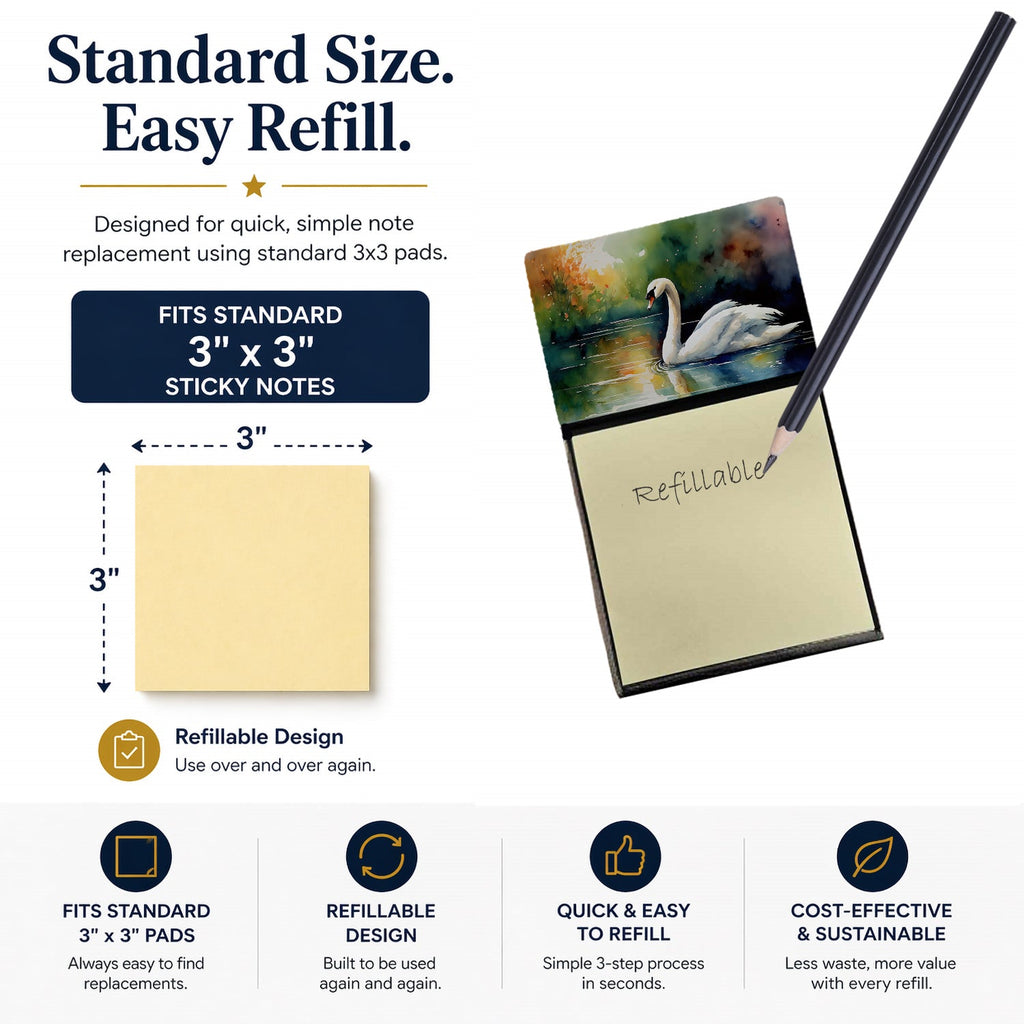 White Swan Swimming Calm Water Watercolor Watercolor Sticky Note Holder Refillable Dispenser Desk Accessory 3x3 Pad Gift