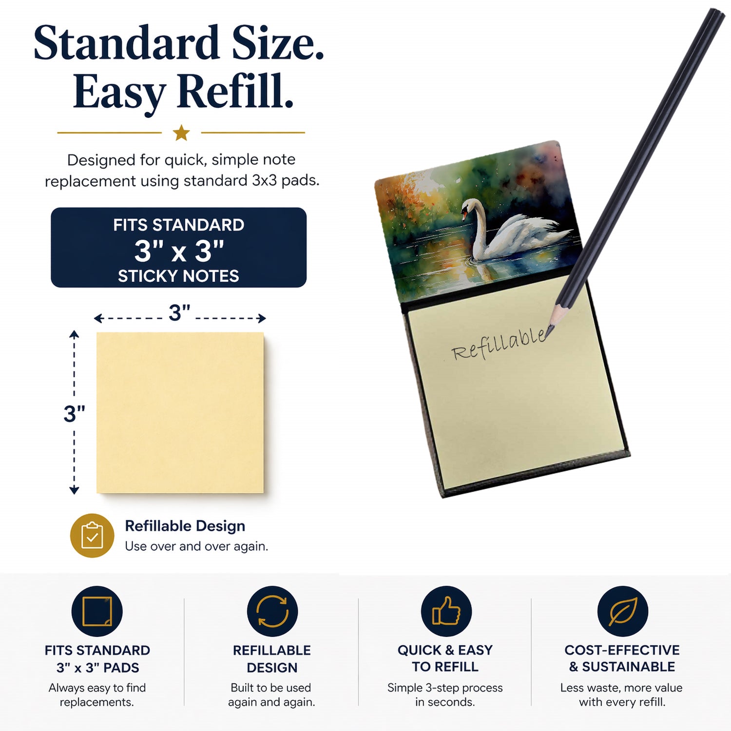 White Swan Swimming Calm Water Watercolor Watercolor Sticky Note Holder Refillable Dispenser Desk Accessory 3x3 Pad Gift