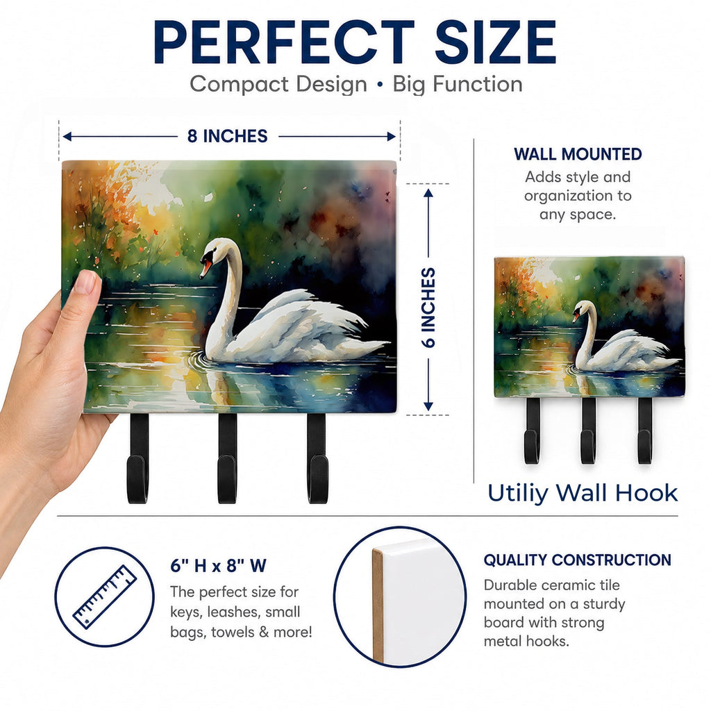 White Swan Swimming Calm Water Watercolor Leash or Key Holder Wall Hooks, Coat Rack Wall Mount, for Hanging Keys, Towels, Aprons, Leashes