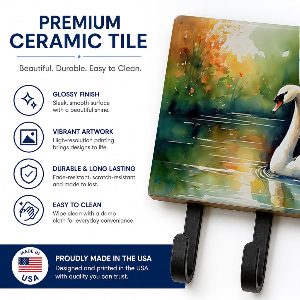 White Swan Swimming Calm Water Watercolor Leash or Key Holder Wall Hooks, Coat Rack Wall Mount, for Hanging Keys, Towels, Aprons, Leashes
