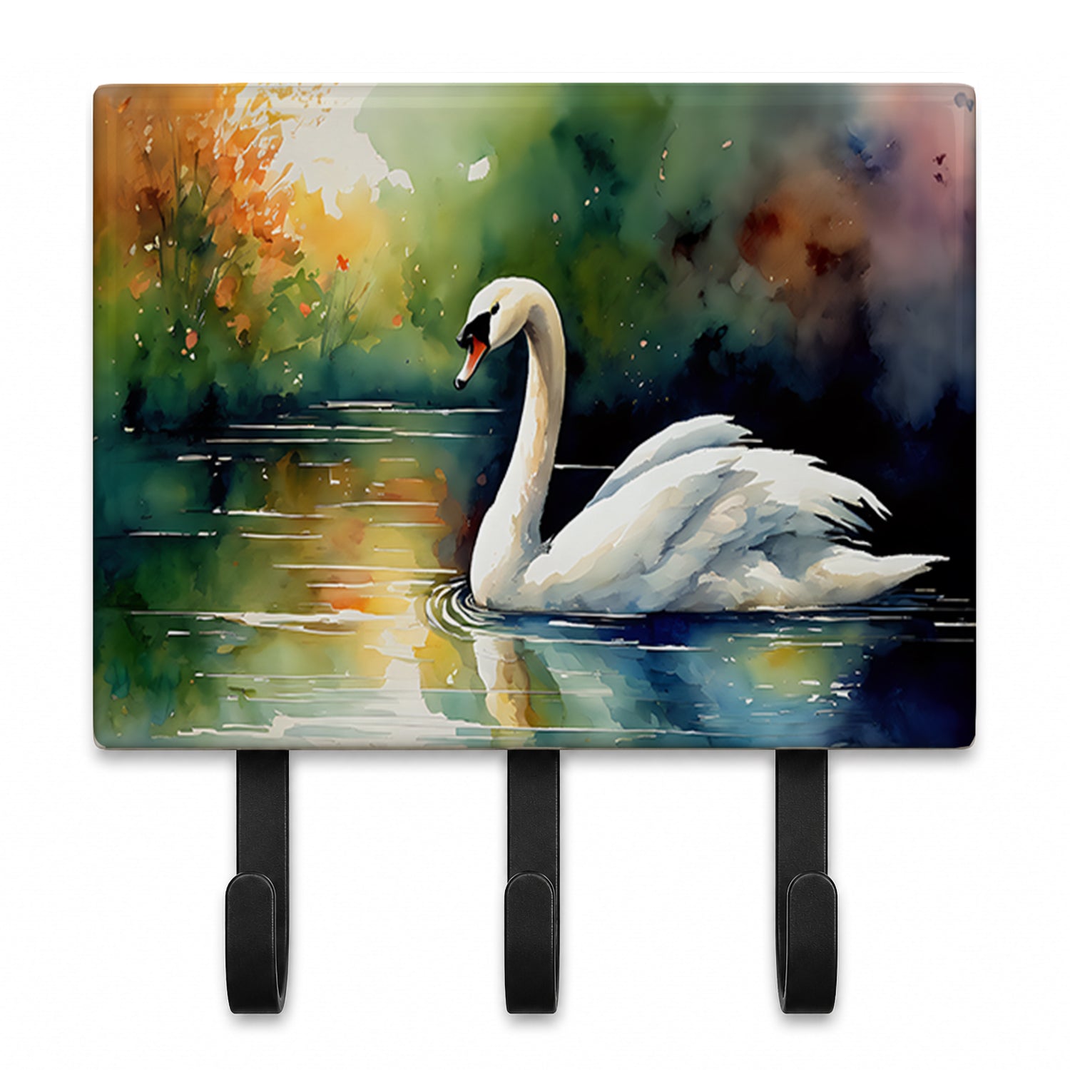 White Swan Swimming Calm Water Watercolor Leash or Key Holder Wall Hooks, Coat Rack Wall Mount, for Hanging Keys, Towels, Aprons, Leashes
