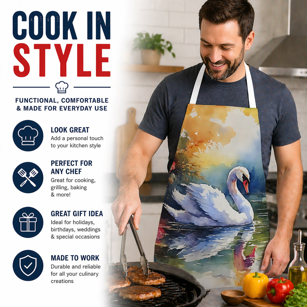 White Swan with Floral Reflection Watercolor Apron Cooking Kitchen Server Baking Crafts Gardening for Adult Women Men, Unisex, Large, Multicolor
