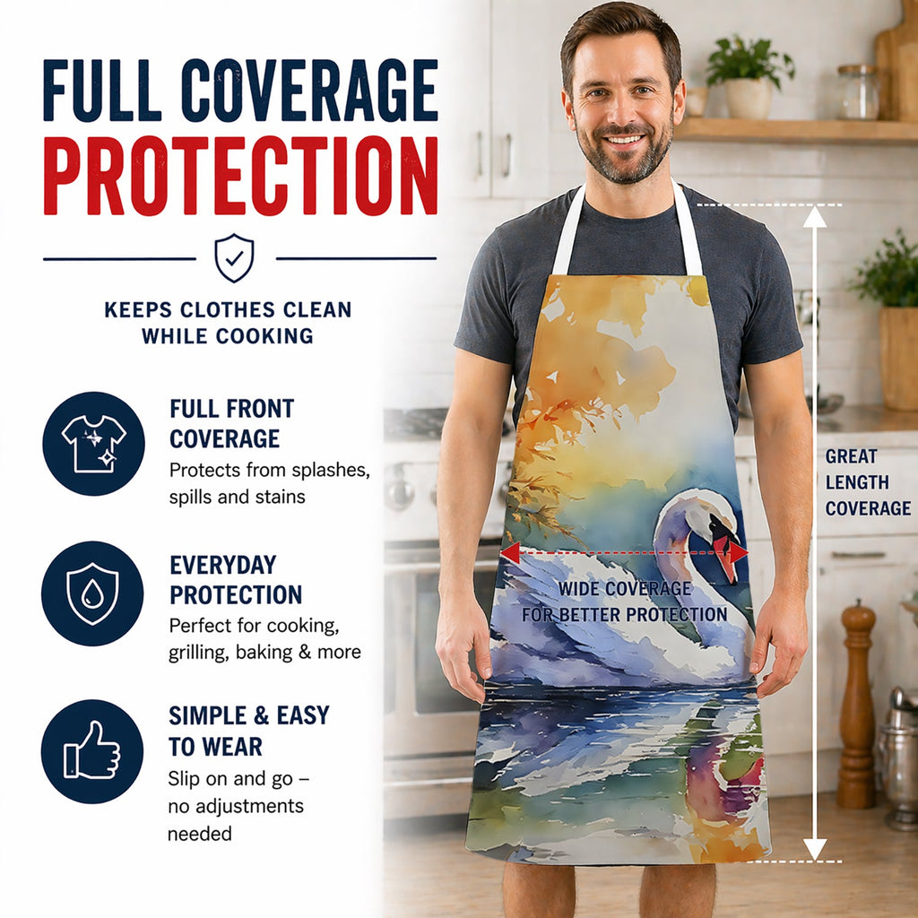 White Swan with Floral Reflection Watercolor Apron Cooking Kitchen Server Baking Crafts Gardening for Adult Women Men, Unisex, Large, Multicolor