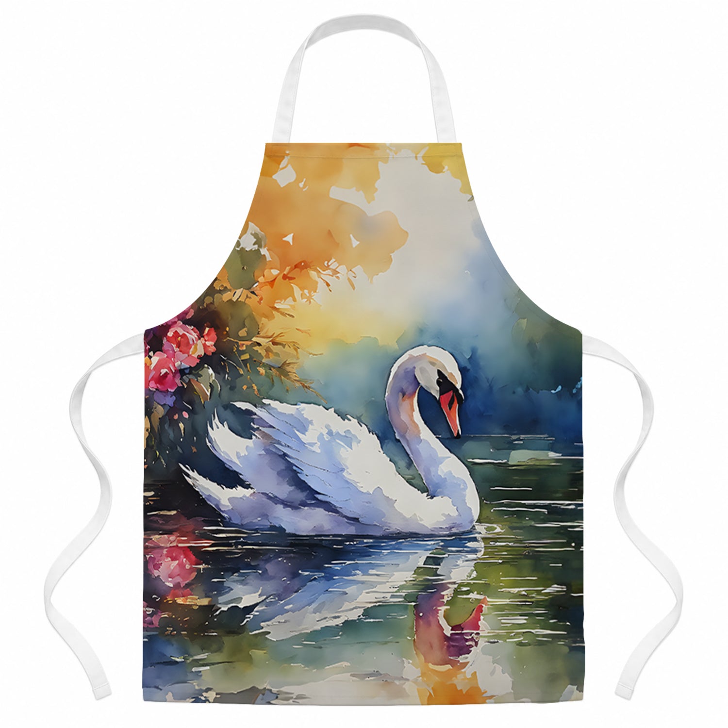 White Swan with Floral Reflection Watercolor Apron Cooking Kitchen Server Baking Crafts Gardening for Adult Women Men, Unisex, Large, Multicolor
