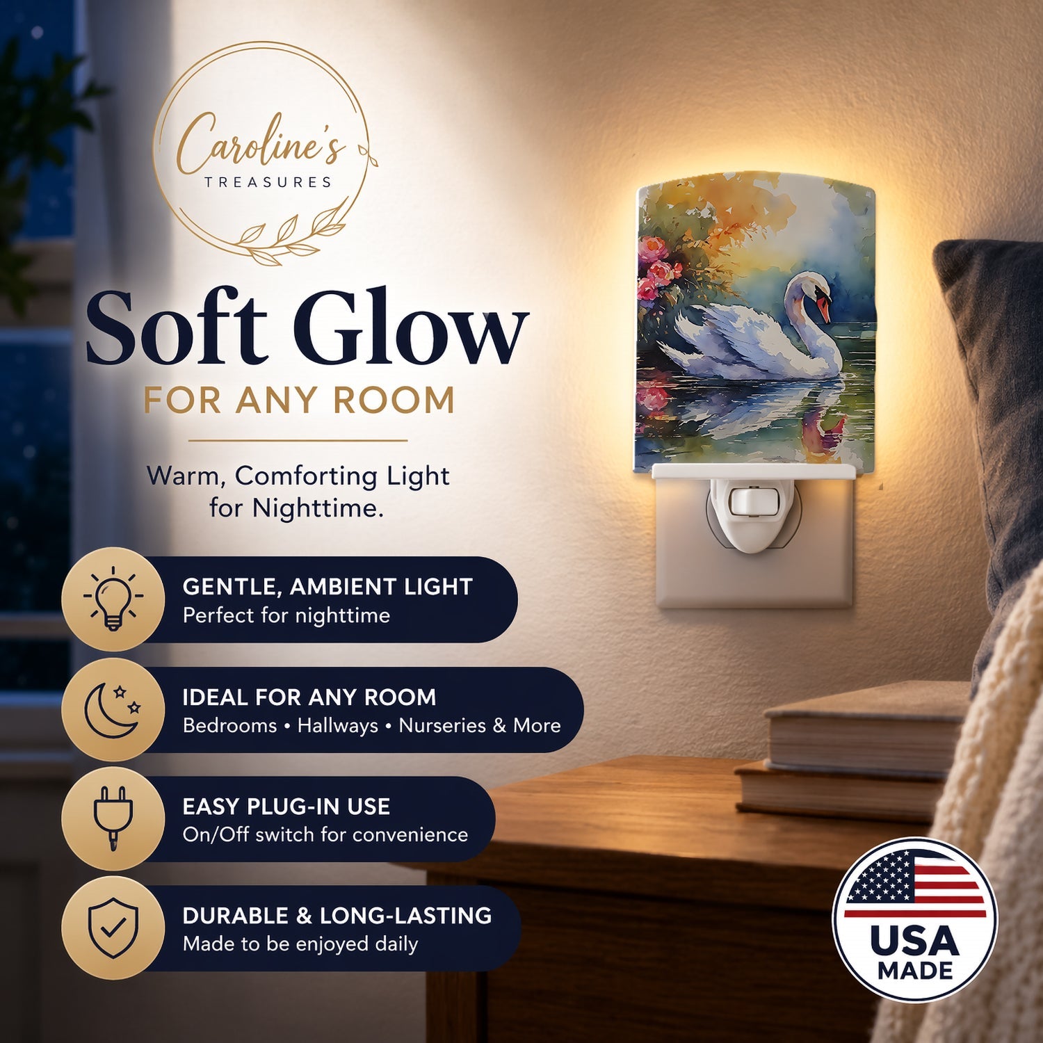 White Swan with Floral Reflection Watercolor Ceramic Night Light Compact, UL-Certified, Ideal for Bedroom, Bathroom, Nursery, Hallway, Kitchen, 6x4x3, Multicolor