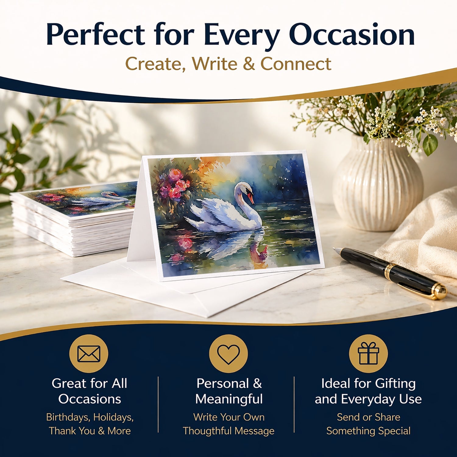 White Swan with Floral Reflection Watercolor Greeting Cards Pack of 8 Blank Cards with Envelopes Whimsical A7 Size 5x7