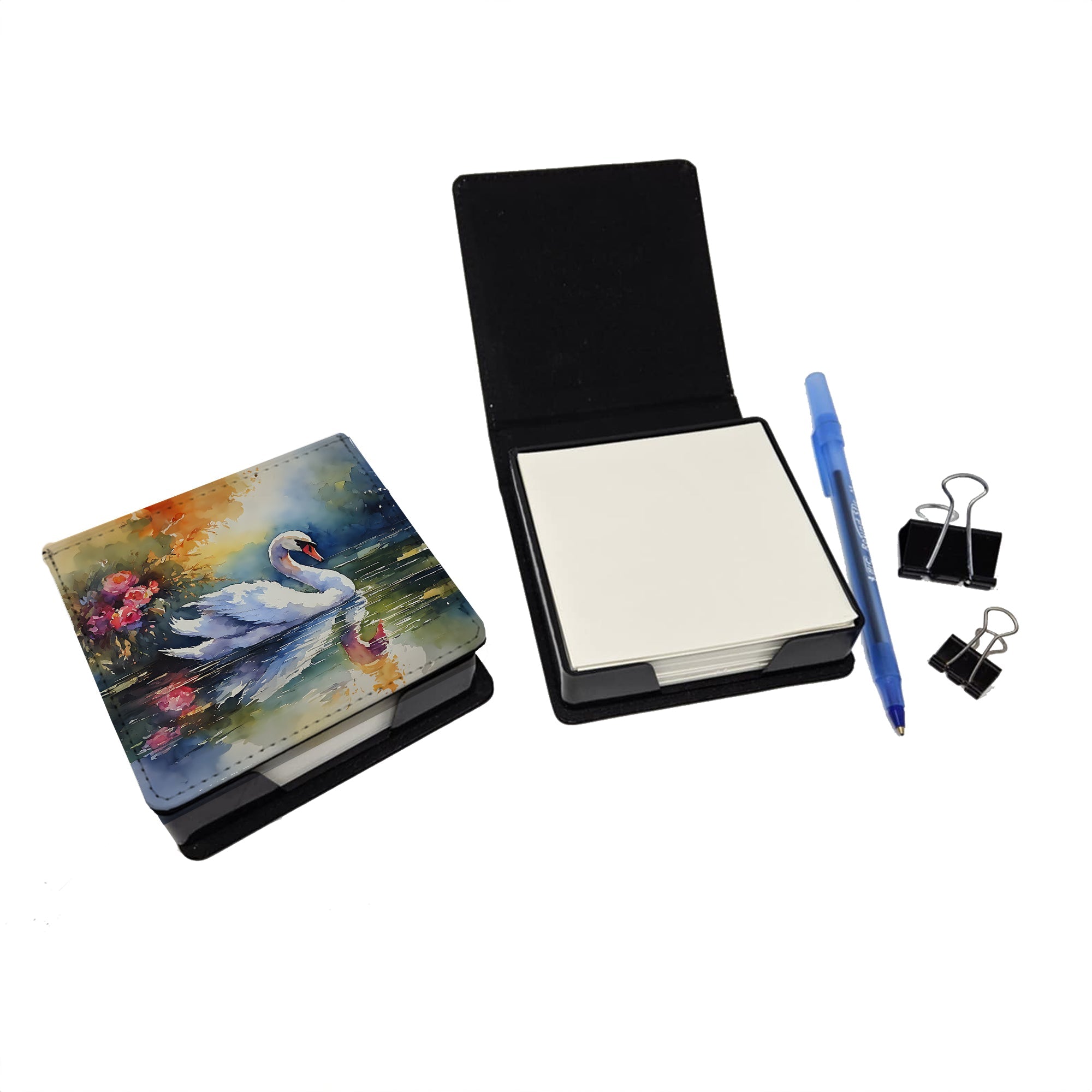 White Swan with Floral Reflection Watercolor PU Leather Note Paper Holder with Artist-Designed Cover, Desk Accessory, Office Gift