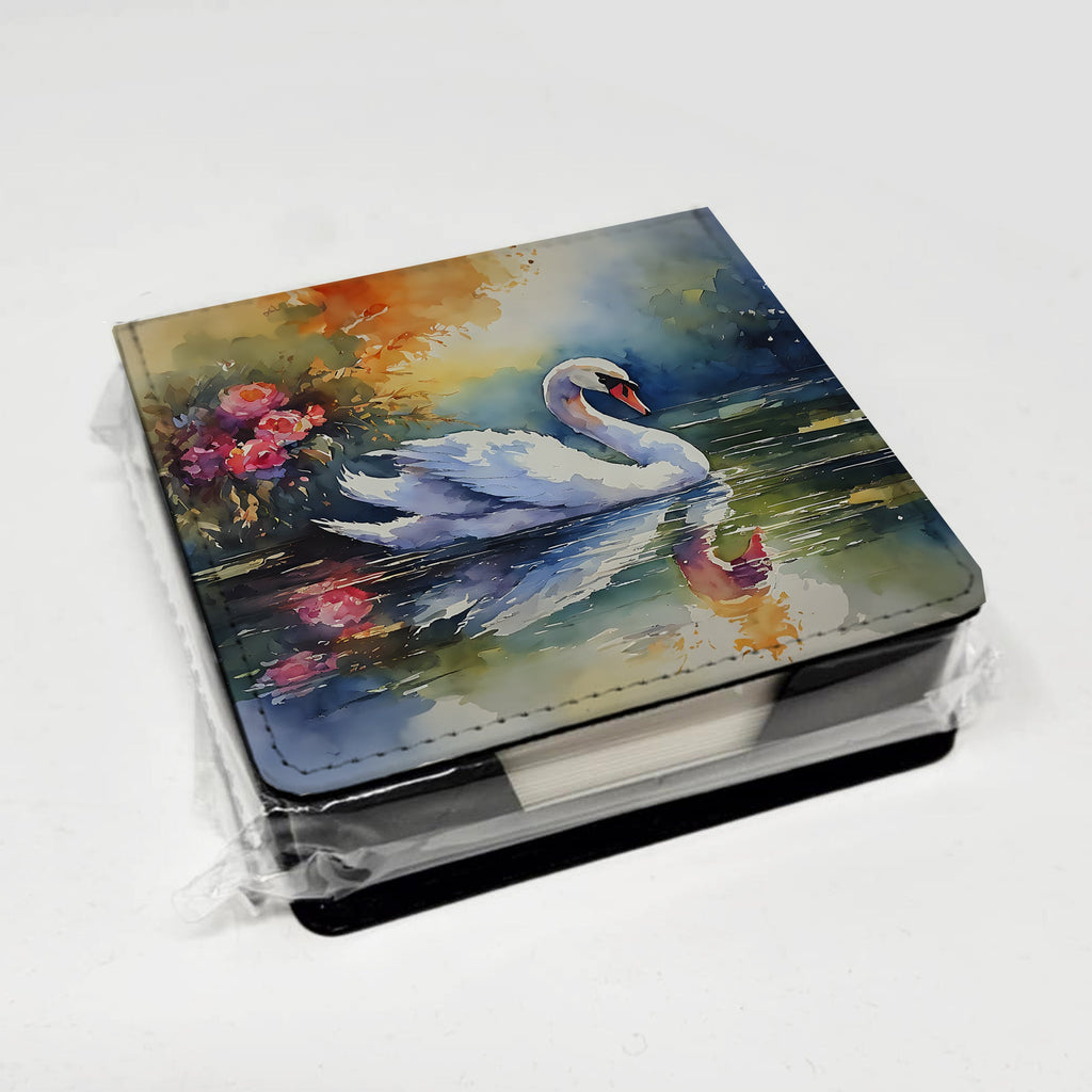 White Swan with Floral Reflection Watercolor PU Leather Note Paper Holder with Artist-Designed Cover, Desk Accessory, Office Gift