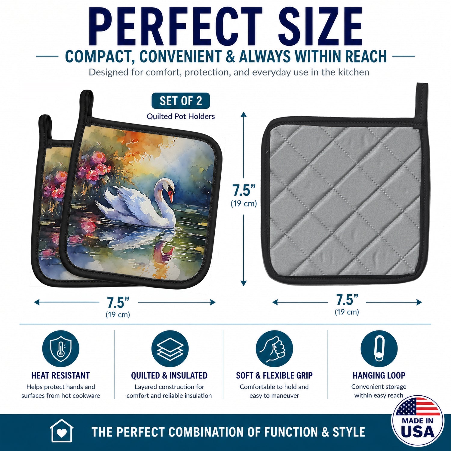 White Swan with Floral Reflection Watercolor Pot Holder Set of 2 Heat Resistant Quilted Hot Pads 7.5 x 7.5 Inch, Insulated Kitchen Trivets for Cooking & Baking